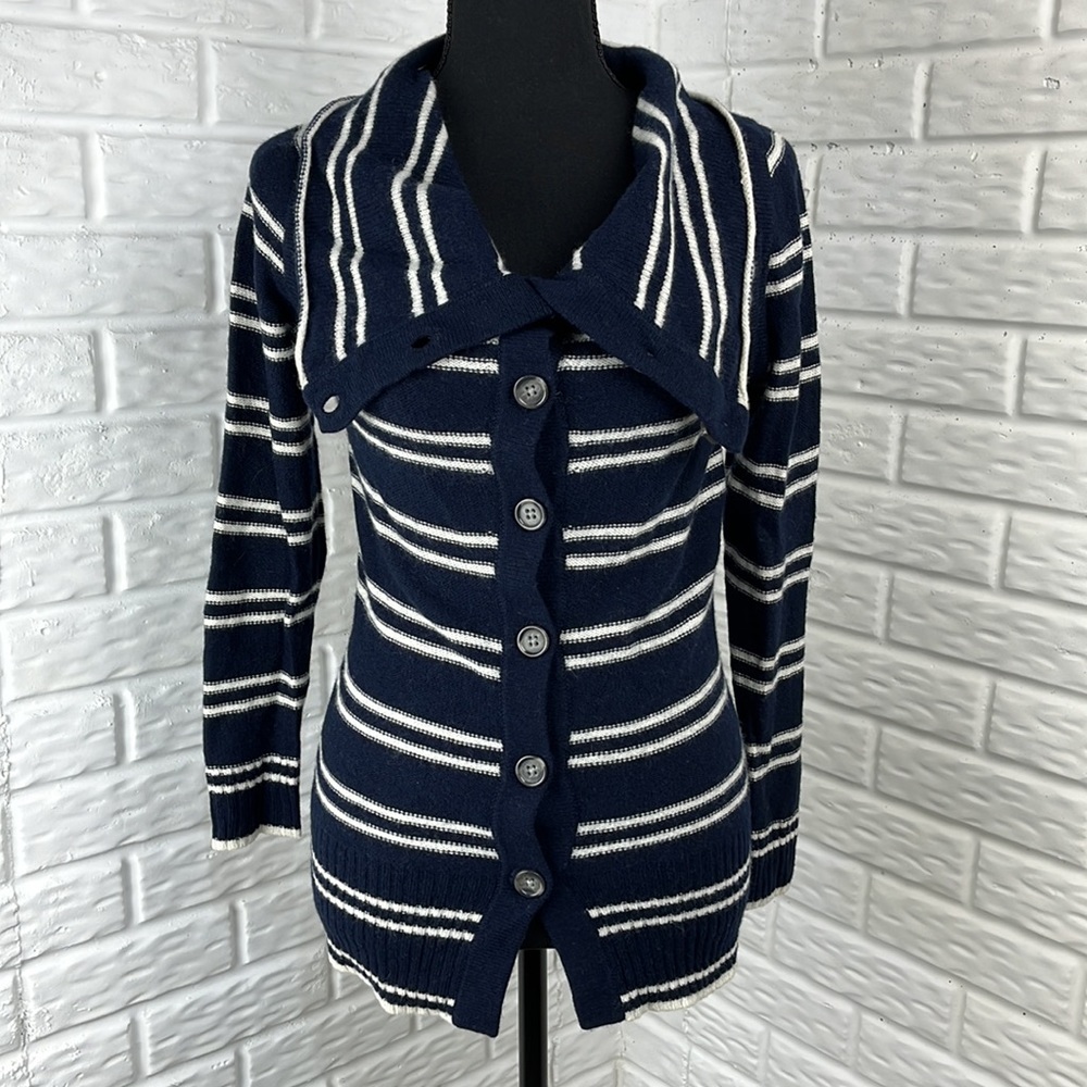 BANANA REPUBLIC Lambs WOOL CASHMERE Blend NAVY WHITE STRIPE Cardigan size small
